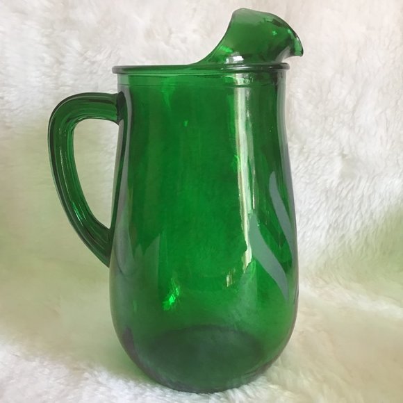 Rare Vintage Green Glass Etched Tulip Pitcher Set  with  5 Tumblers / Glasses - Picture 7 of 13